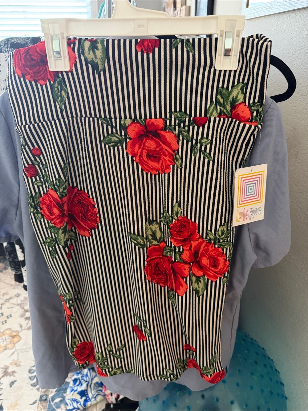 LuLaRoe Girls Black & White Striped Dress with Red Rose Print
